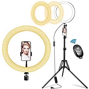 Selfie Ring Light with Tripod Stand & Cell Phone Holder for Live Stream/Makeup, Dimmable LED Camera Ringlight for Photography/YouTube Video, Compatible for iPhone and Android, 3 Lighting Modes